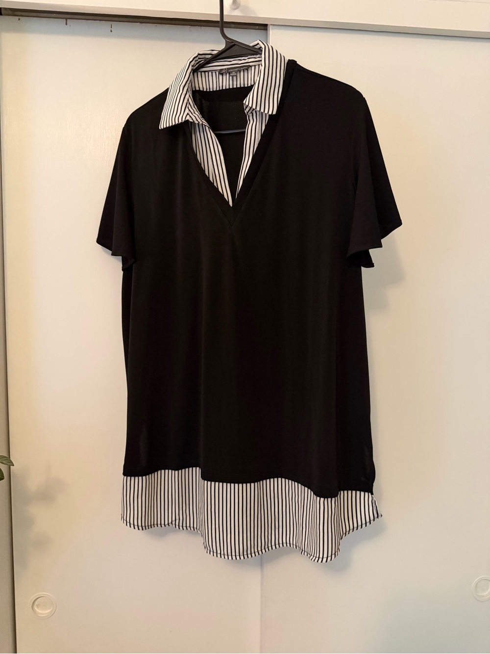 Adrianna Papell Black Tunic with White and Black Striped Collar & Hem
